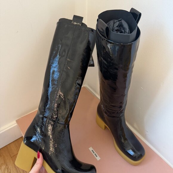 NWT Miu Miu Tall Boots Black Patent Leather Platform Block Heels Sz 36.5 - Picture 4 of 10